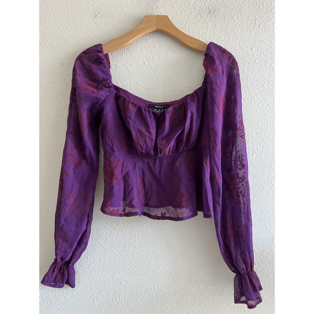Forever 21 Womens Small Purple Floral Sheer Milkmaid Crop Top Puff Sleeve